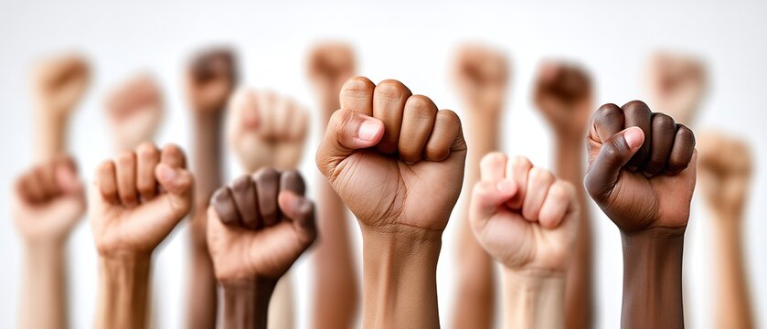 Diversity And Inclusion, Group Of Multi-Ethnic People Raising Fists In Unity And Protest