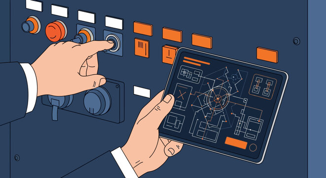 Futuristic control panel with people and blue circuit board background illustration