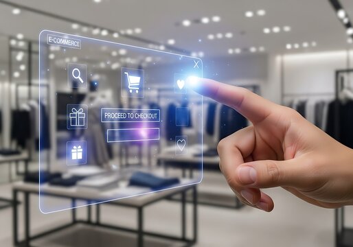 Hand selecting futuristic digital shopping interface in modern retail store with holographic technology