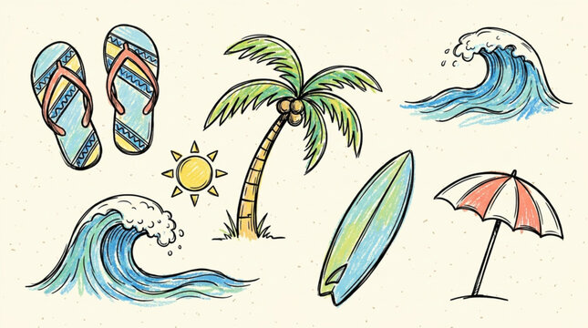 Colorful beach icons and symbols.