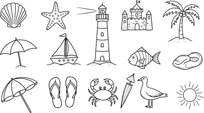 Coastal and desert icon set beach cactus and summer elements