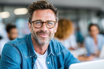 Obraz premium Portrait of a handsome smiling businessman working on a laptop in a modern office