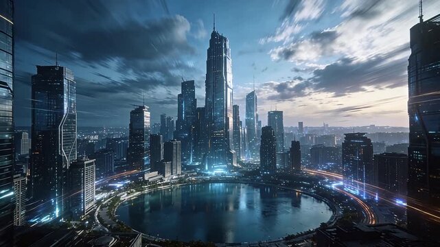 Futuristic city skyline with dense illuminated skyscrapers neon lights surrounding central water area under dynamic sky