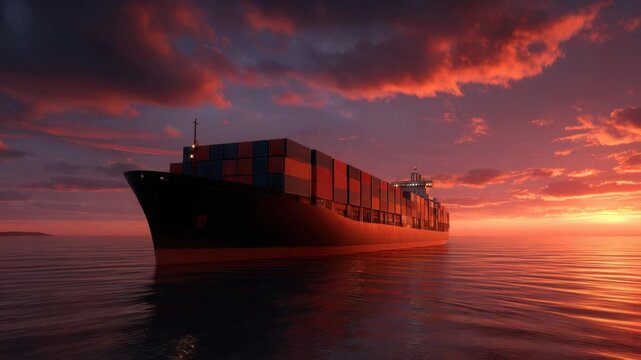 Cargo ship container vessel gliding on calm ocean at sunset with red sky, freight transport silhouette over sea horizon, maritime shipping scene of cargo container and ship across evening light