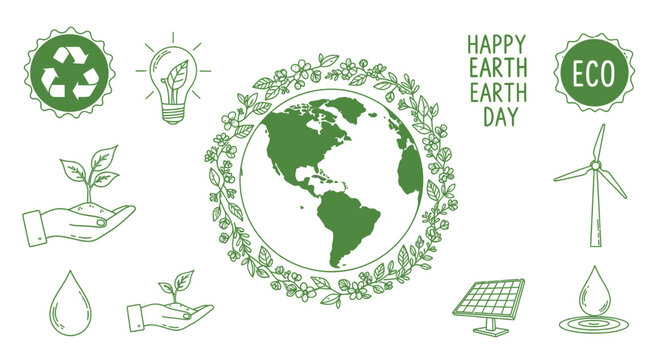 brush Earth Day, eco friendly icons, green vector graphics, environmental symbols, ecology illustrations isolated on White Background three
