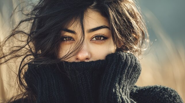 Young woman with dark hair wears a warm black sweater during an autumn day.