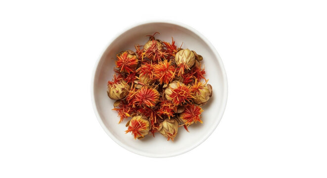 Dried safflower petals and flower buds in a white ceramic bowl isolated on a solid black background, down view