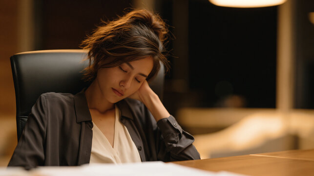 Exhausted but resolute female founder slumped in ergonomic chair after closing series A funding round, empty conference room, signed term sheet visible on table, late evening warm lighting, mix of r
