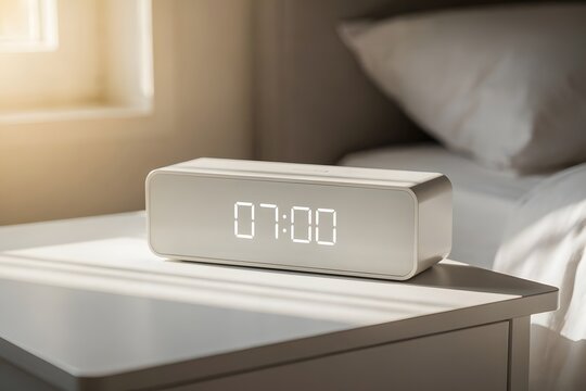 Modern digital clock displays 7 00 on a white bedside table next to a bed
