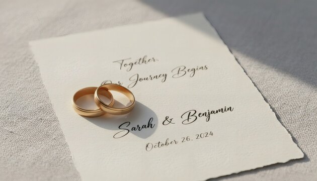 Two gold wedding rings on a handwritten invitation card with elegant calligraphy script under soft sunlight, representing a romantic marriage announcement concept