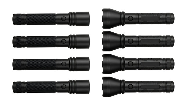 Collection of ten black tactical flashlights arranged in two columns on a white background