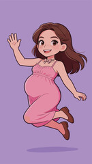 Obraz premium Cheerful Pregnant Woman Waving in Pink Dress
