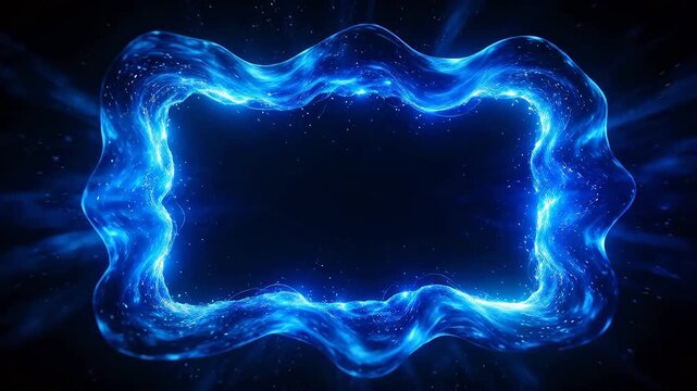 Blue glowing fluid wave frame with particles in black background
