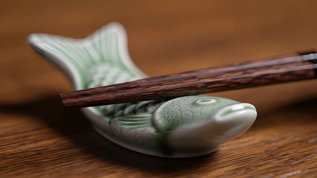 Closeup of a ceramic fish chopstick rest with wooden chopsticks.