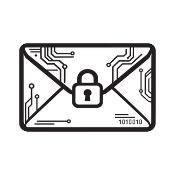 Full details prompt vector illustration of secure encrypted email communication icon with circuit board pattern padlock binary code 8K ultra quality image ratio envelope encrypted communication
