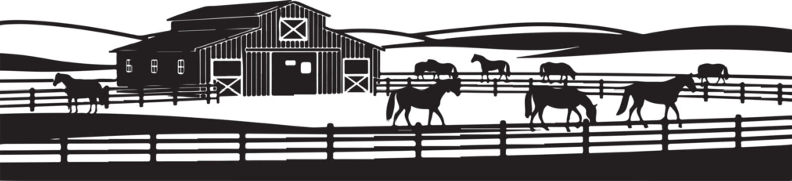 Farm, horses, rural landscape, black and white vector illustration, farmhouse, countryside scene