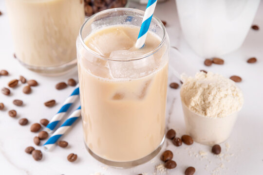 Iced protein coffee, whey isolate latte drink with whey protein powder
