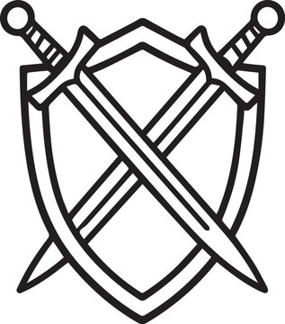 A stylized crest featuring two crossed swords in front of a shield, representing valor and protection, rendered in a clean, graphic line art style.