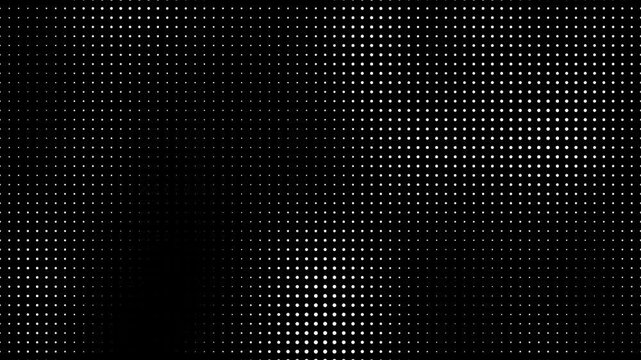 Halftone pattern dots on black background, abstract halftone dot texture with vintage grunge overlay and subtle noise grain, seamless black and white background video effect. 4K