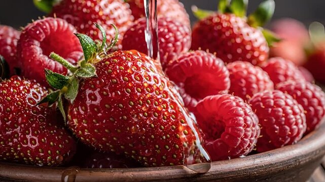 Closeup of Fresh Strawberries and Raspberries in a Bowl.