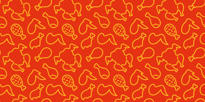 Seamless poultry pattern with chicken, drumstick and wing outline icons in warm orange tones. Cute food background for butcher packaging, restaurant menus and farm branding.