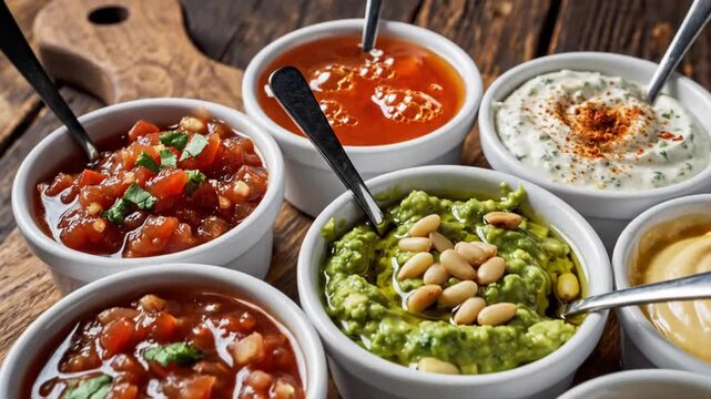 Assorted colorful sauces and gourmet dips served in white ceramic bowls on a rustic wooden platter
