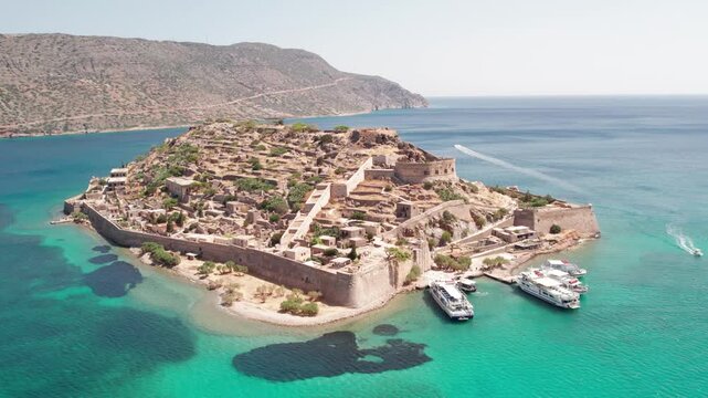Aerial wide angle view of historic Spinalonga fortress island in Crete