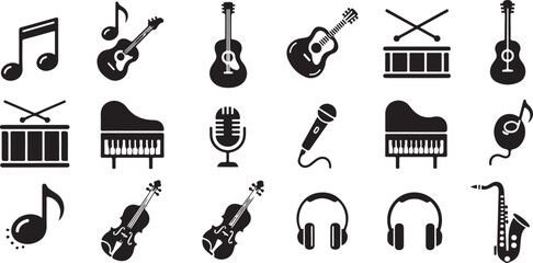 Music icons, black silhouette instruments, 20 music symbols, audio equipment isolated PNG with Transparent Background © 2025