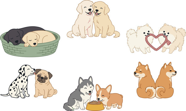 Cute Cartoon Puppy Pairs and Best Friends Icon Set for Pet Product Branding, Greeting Cards, and Sticker Designs