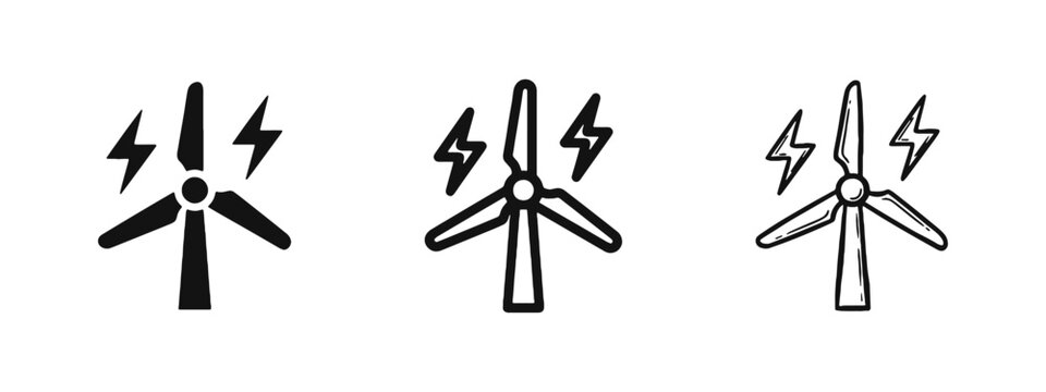 Wind turbine power generator icons set representing renewable energy, electricity, and ecology concepts.