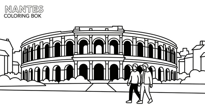 Illustration of Ancient Roman Amphitheater with Two Visitors.