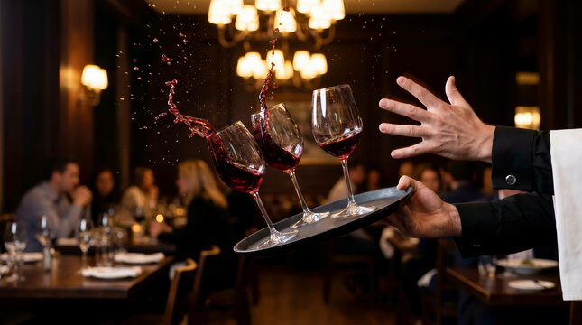 Wine glasses tumbling and spilling red wine from waiter's tray in elegant restaurant, service accident concept.