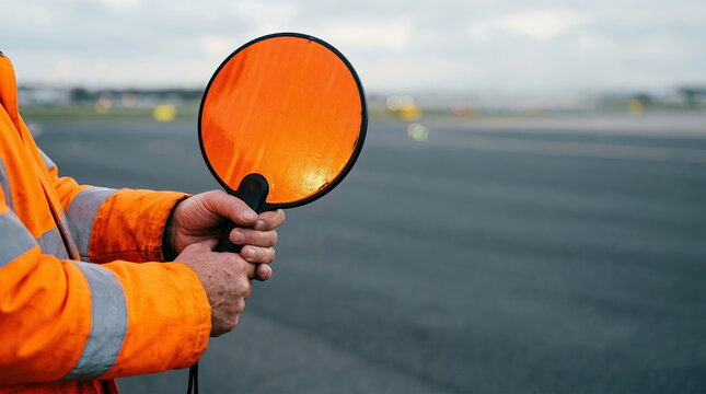 Ground crew worker holding reflective orange signaling bat on airport tarmac, guiding aircraft for safe aviation operations.