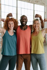 Fototapeta premium Group of three friends flexing muscles in colorful tank tops in a bright studio for fitness team bonding portrait and wellness lifestyle banner design