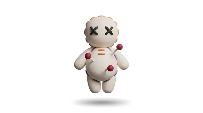 3D render of a voodoo doll with pins isolated on a white background with studio lighting