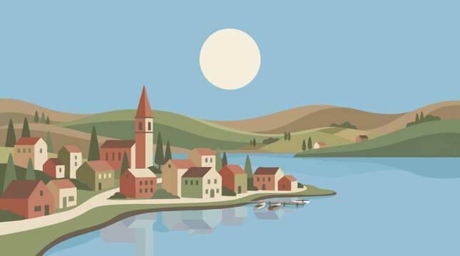 Stylized flat design landscape of a picturesque village by a lake with hills