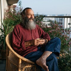 Fototapeta premium Smiling senior man drinking morning coffee on a balcony surrounded by flowers for lifestyle background and poster