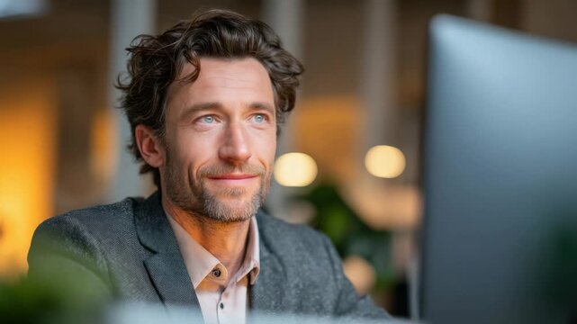 Man works at computer in modern office space during day