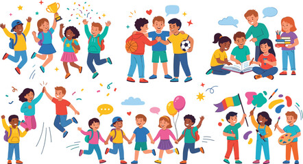 Fototapeta premium Happy Kids School Friends Cartoon Character Vector Set with Cute Children Celebrating, Studying, Playing Sports, Painting, and Holding Hands Graphic Elements