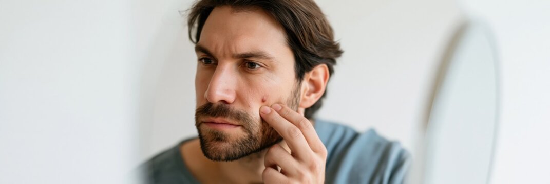 Man inspecting pimple in mirror closeup for acne care and skincare routine background or treatment tutorial banner