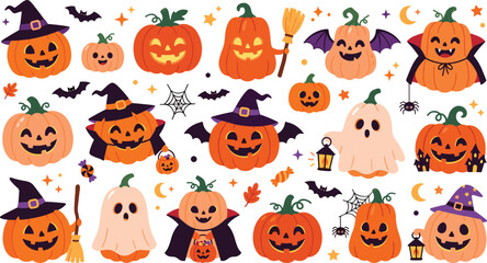 Naklejka premium Cute Halloween Pumpkin Jack O Lantern Vector Set with Happy Ghost, Witch Hat, Vampire Cape, Bat, and Spooky Lantern Decorative Sticker Graphic Elements