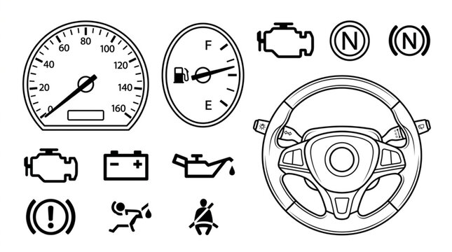 Car dashboard warning lights and steering.