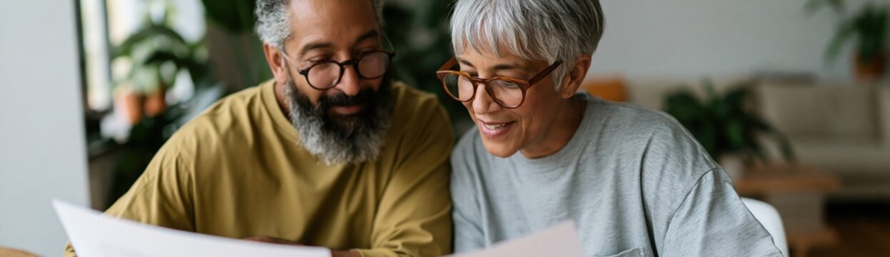 Happy mature couple reading paperwork together for retirement planning and financial advice banner background