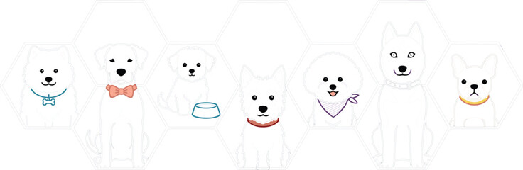 Minimalist White Dog Breeds Line Art Icon Set for Modern Pet Branding, Geometric Wall Decor, and Sticker Designs © MinnatunAkter