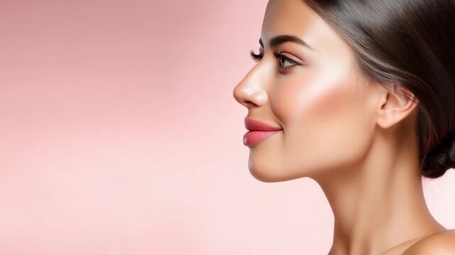 Woman smiles with natural makeup on her face in a beauty setting, showcasing skincare and makeup tips in a well-lit space