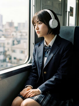 通学電車の窓際でヘッドフォンをして物憂げに外を眺める女子高生
