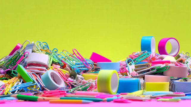 Vibrant office supplies scattered on neon background in playful creative composition. Modern productivity concept for education organization startup culture and workflow management. Copy space.