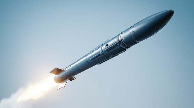 Military missile flying through clear sky with rocket plume, defense technology, aerospace weapon system, strategic security, tactical launch, national defense and modern military