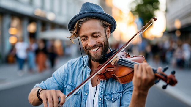 Joyful musician smiling wide while surrounded by a lively city street scene at sunset, excitement and love for music concept, urban lifestyle, defocused background, with copy space