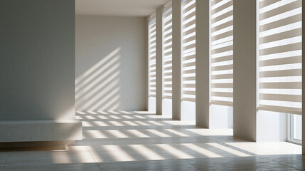 Fototapeta premium Bright modern room interior with sunlight shining through zebra window blinds onto the floor